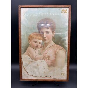 Antique J Ottmann Lithograph Framed Art Woman and Child Rare Litho